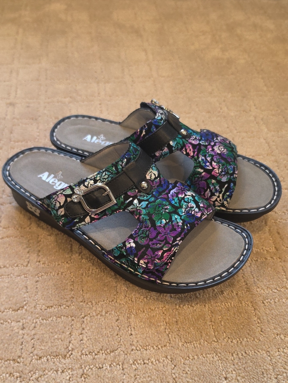 NWT Alegria Metallic Floral Slide Sandals - Purple Green Black Peggy Leather